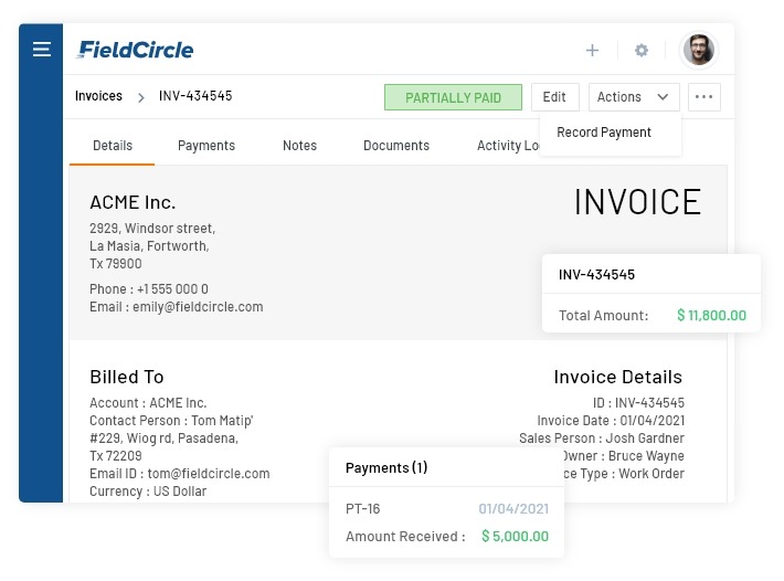 field service crm for invoice management