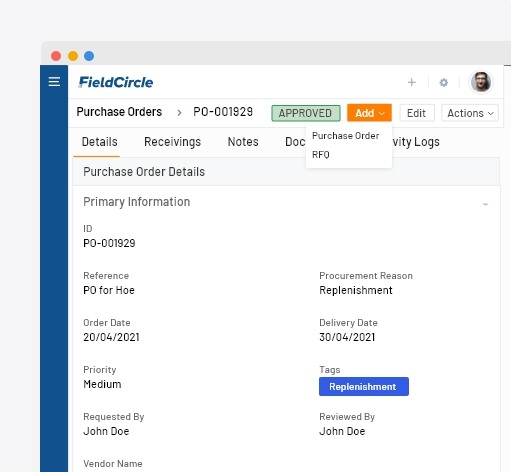 Purchase order in asset management software